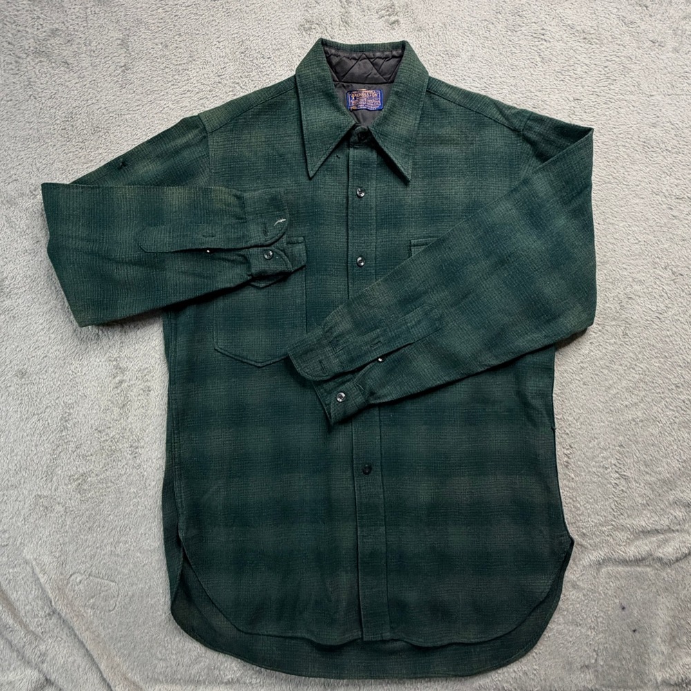 Vintage Pendleton Wool Shirt Mens 16 Forest Green Board Shirt Made in USA 70s